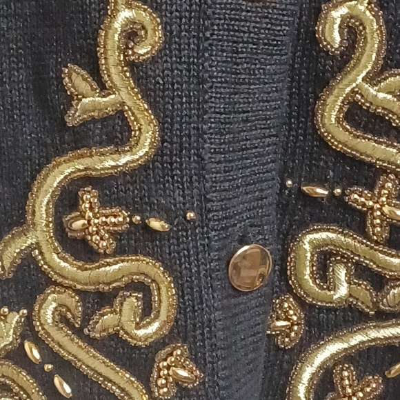 Vintage Joan Leslie Petite Large Black Gold Knit Button Up Cardigan New With Tag - Picture 9 of 12